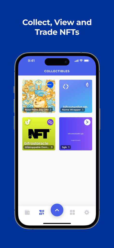 A smartphone screen showing the Bifrost Wallet app displaying a gallery of digital NFT collectibles and blockchain domain names.