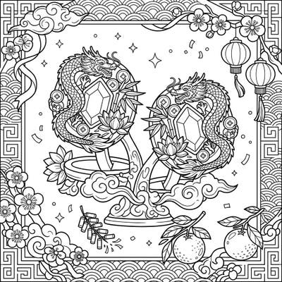 Embrace the festive spirit of Lunar New Year with this exquisite coloring page showcasing dragon-adorned cufflinks. This intricate design, featuring traditional symbols, offers a captivating coloring experience for adults and teens.