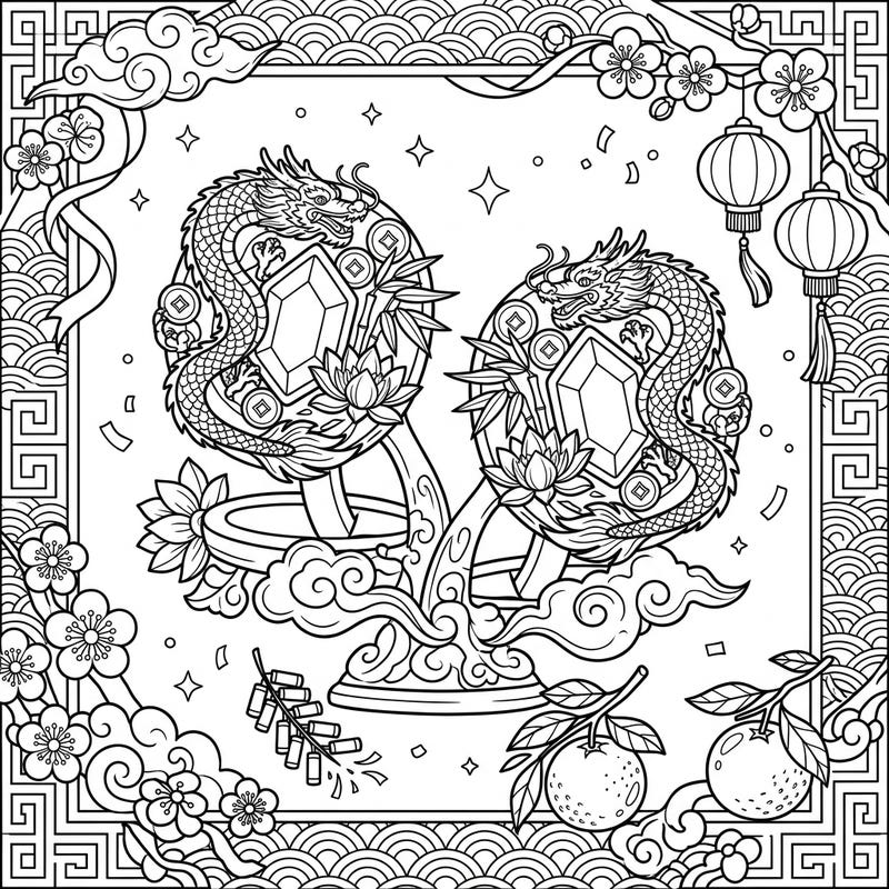 Embrace the festive spirit of Lunar New Year with this exquisite coloring page showcasing dragon-adorned cufflinks. This intricate design, featuring traditional symbols, offers a captivating coloring experience for adults and teens.