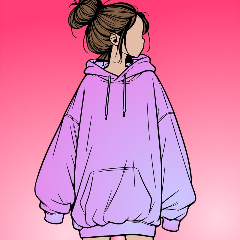 realistic girl with a oversized sweatshirt on and a bun