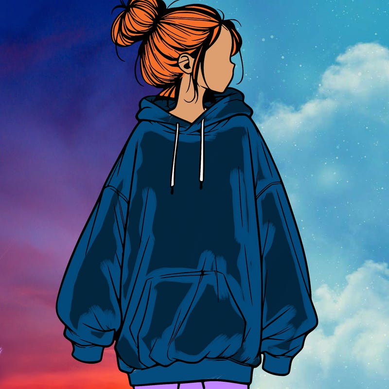 realistic girl with a oversized sweatshirt on and a bun