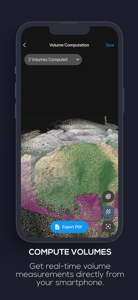 PIX4Dcatch: 3D scanner - 3D stockpile scan with real-time volume computation on the PIX4Dcatch mobile app interface.