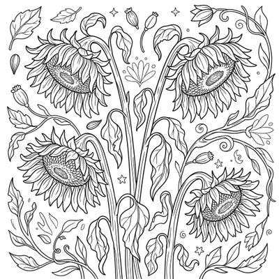 Discover the poignant beauty of wilting sunflowers in this unique coloring template. Perfect for those who appreciate nature's full cycle and enjoy detailed botanical designs.
