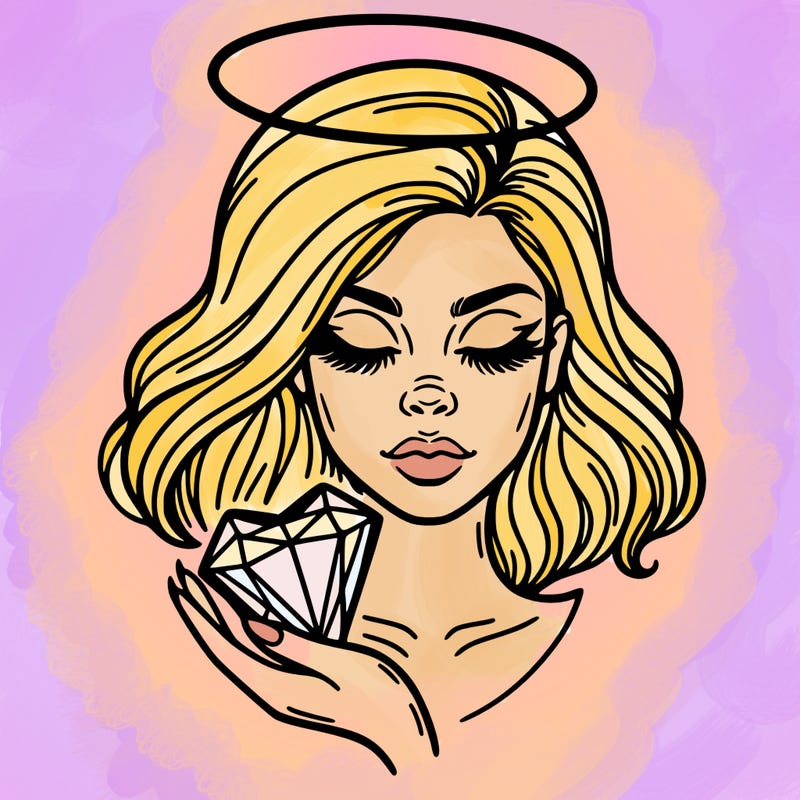 a face of a woman with an halo above her head and a crystal heart in her hand