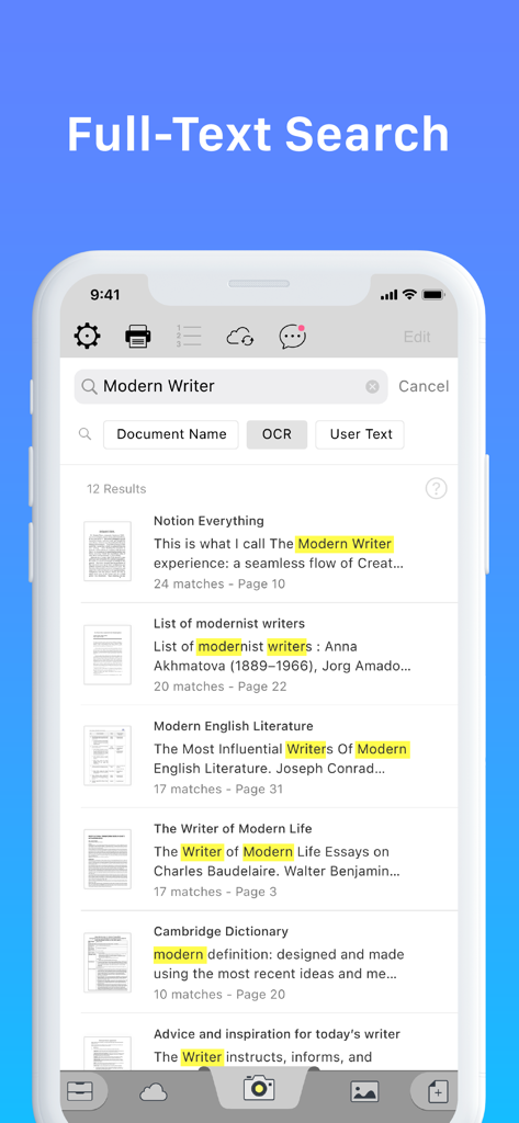 Full-text search interface in the Faster Scan app showing highlighted OCR results within scanned documents