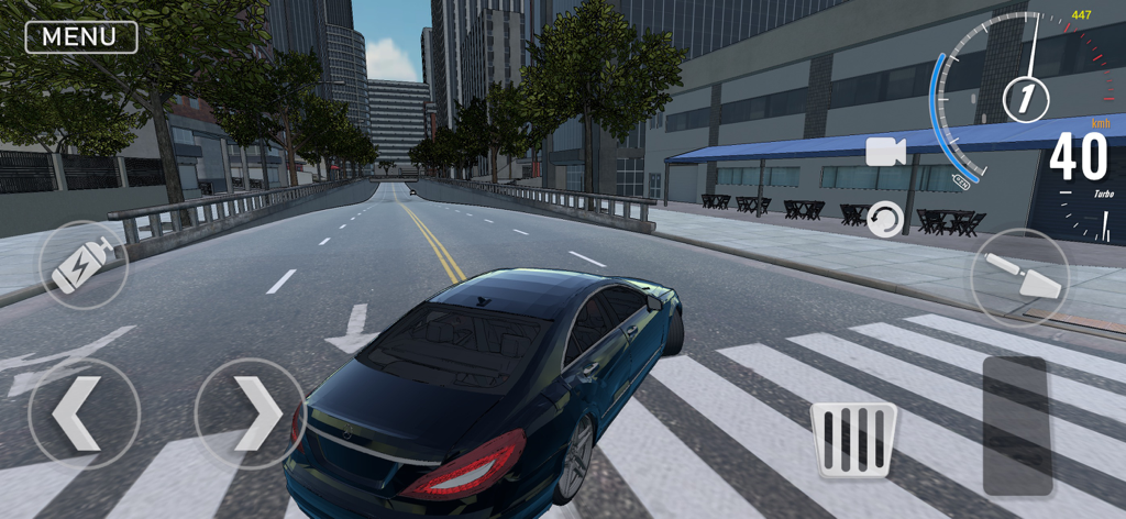 Gameplay screenshot of a blue car driving through a city street with on-screen controls in Car Crash Premium offline