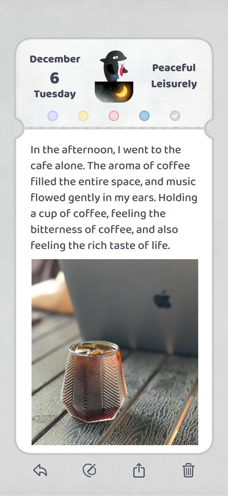 mooding - diary, mood & notes - A digital diary entry in the mooding app featuring a peaceful mood ticket and a photo of coffee at a cafe