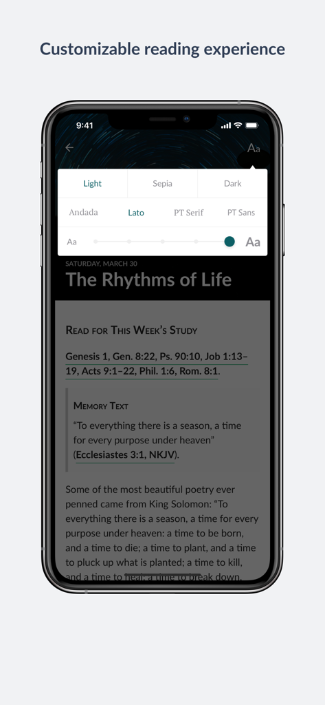 Sabbath School app interface showing customizable reading options including Light, Sepia, and Dark themes, font choices, and text size adjustment over a daily lesson.