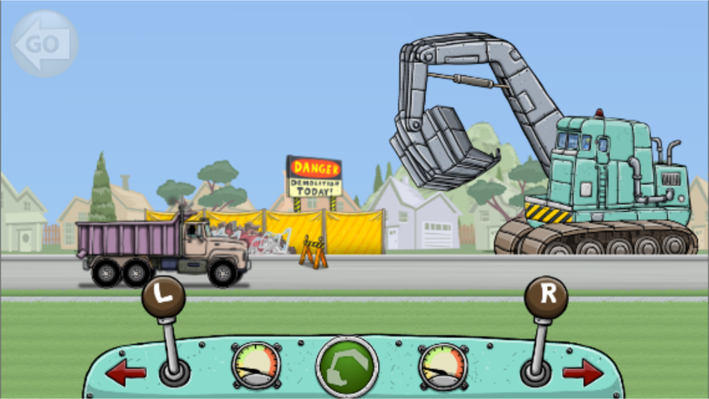 A cartoon excavator and dump truck cleaning up a neighborhood demolition site