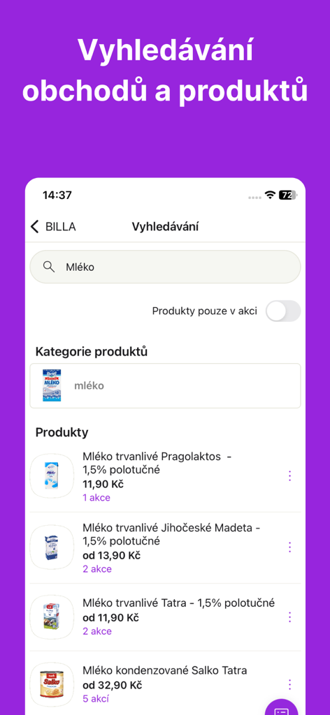 Kupi.cz - Rádce před nákupy - A screenshot of a mobile shopping app showing search results for milk with different brand prices and discounts