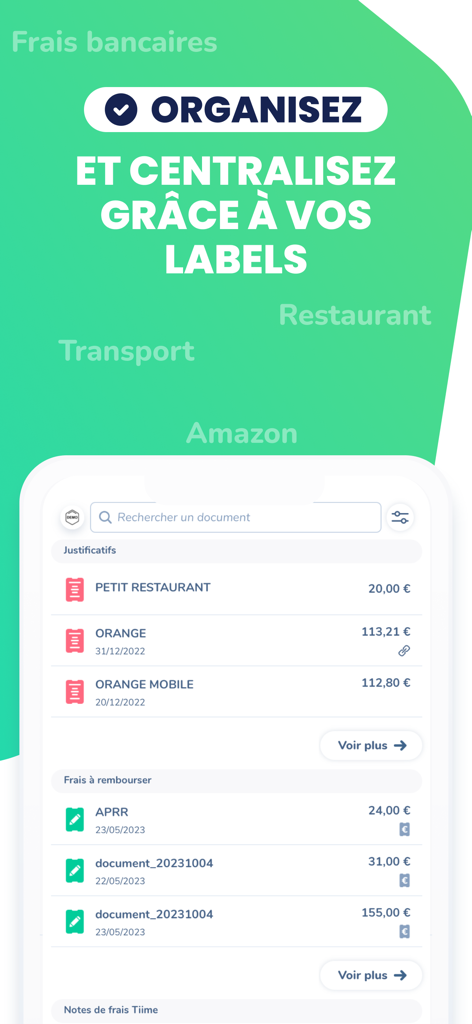 Tiime app interface showing a list of categorized business receipts and expenses with labels for better organization