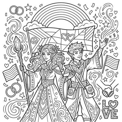 Celebrate love and magic with this enchanting coloring page featuring two powerful Elven Mages embracing the spirit of Pride. Surrounded by rainbows, flags, and symbols of unity, this intricate design invites you to add your own vibrant colors to their magical celebration.