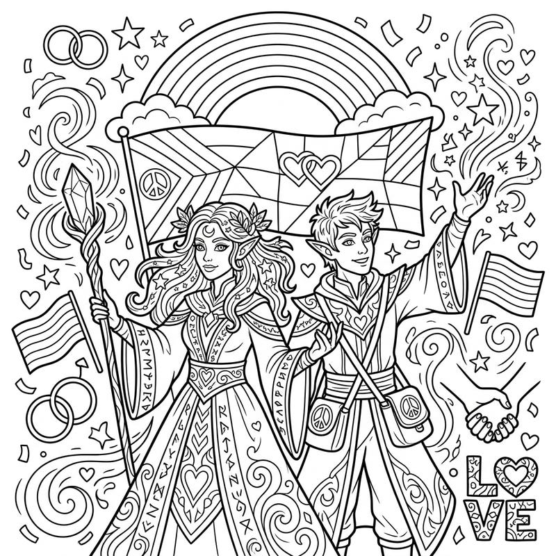 Celebrate love and magic with this enchanting coloring page featuring two powerful Elven Mages embracing the spirit of Pride. Surrounded by rainbows, flags, and symbols of unity, this intricate design invites you to add your own vibrant colors to their magical celebration.