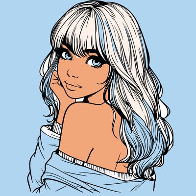 realistic girl with bangs looking over her shoulder