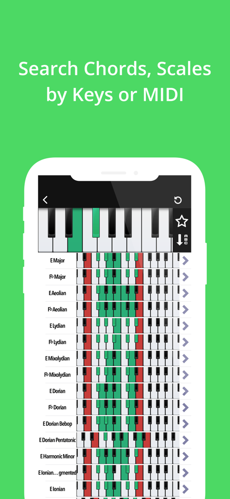 Piano Chords, Scales Companion - A search interface in the Piano Companion app showing how to find chords and scales by selecting piano keys