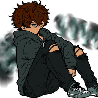 a male hoddie ripped jeans messy hair anime