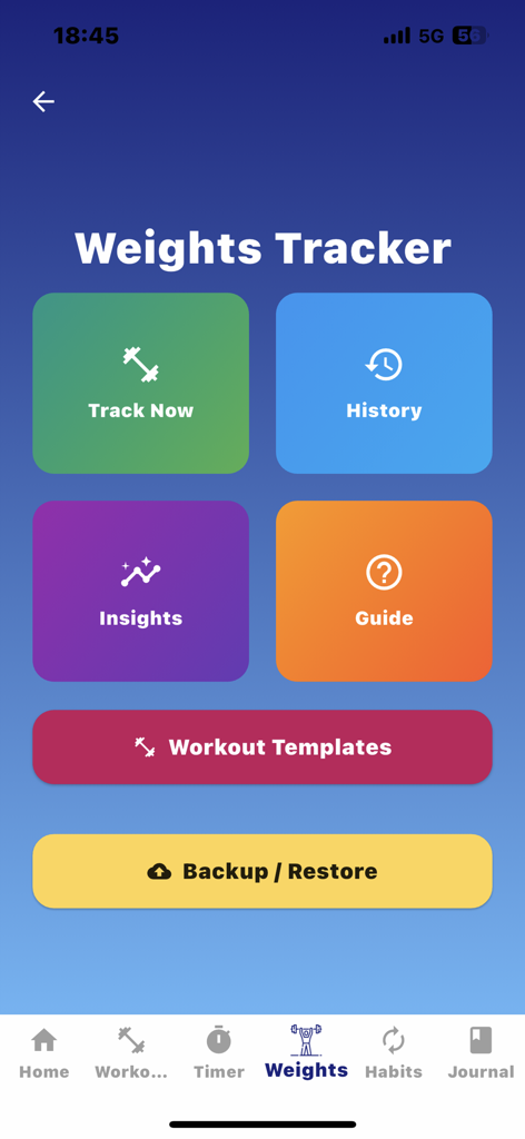 The RowAlong App - Weights tracker screen in The RowAlong App featuring options for workout history insights and templates
