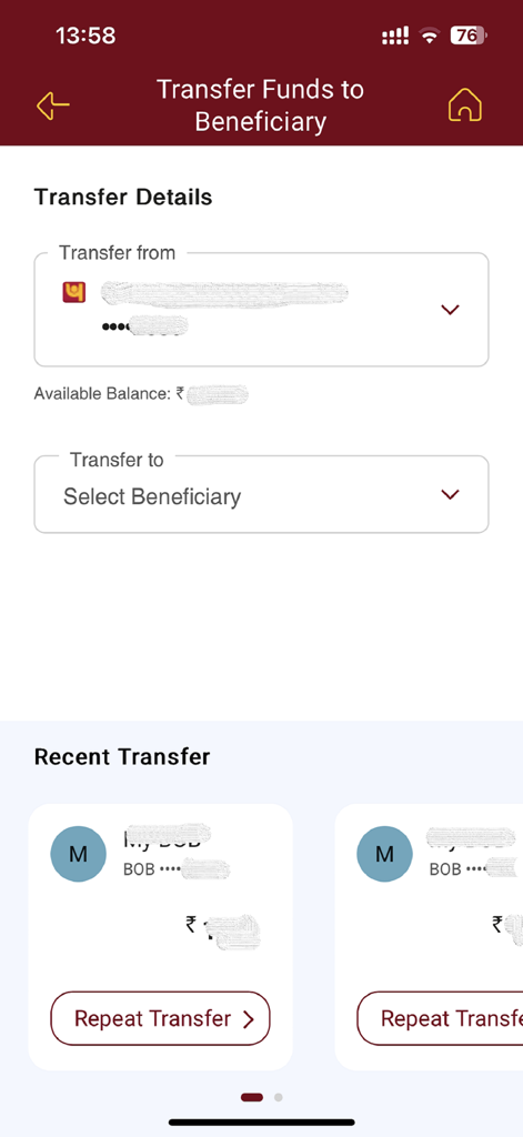 PNB ONE app screen for transferring funds to a beneficiary with recent transfer history
