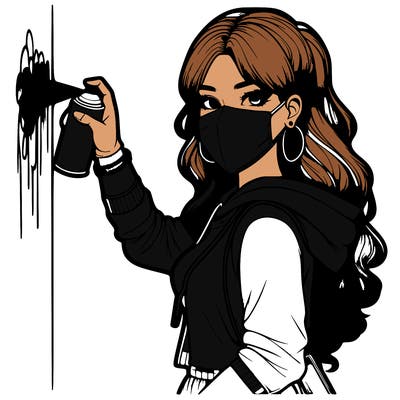 realistic girl with mask spray painting a wall