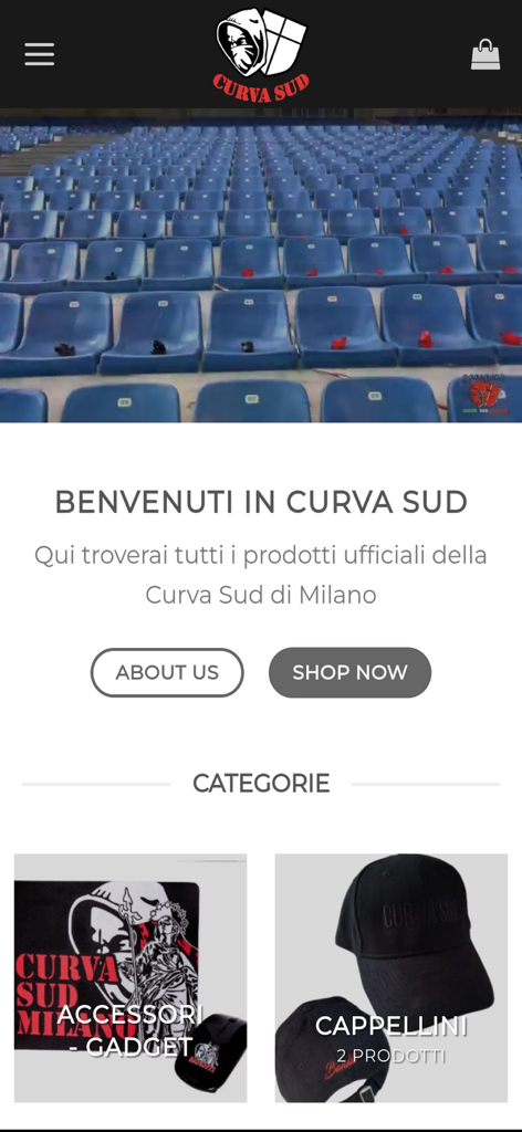 Homepage of the Curva Sud Milano app featuring official merchandise categories and shop now button