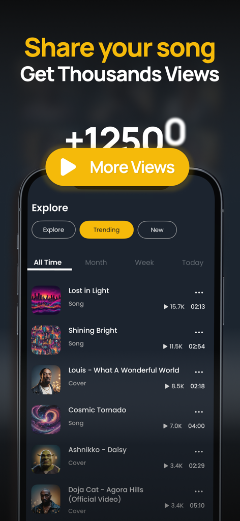 A list of trending AI generated songs and covers on the Beat app explore page