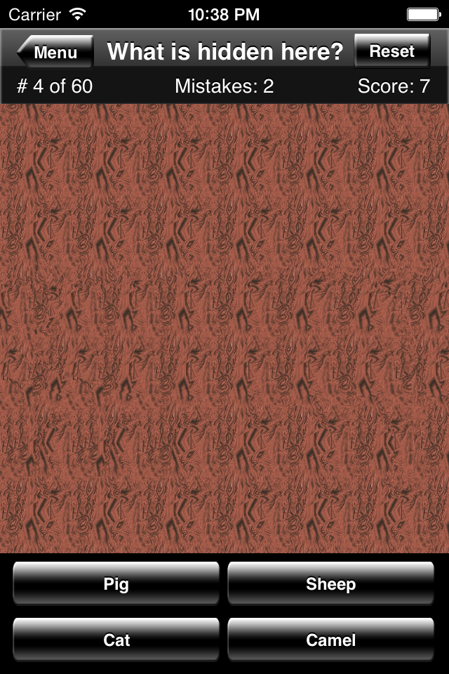 Magic Eye Stereogram Quiz - A mobile app screen showing a 3D stereogram puzzle with multiple choice animal name options