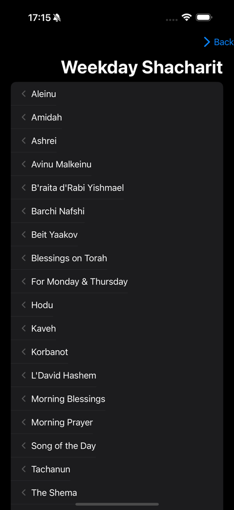 Siddur - Edot HaMizrach - A list of morning prayers in the Siddur Edot HaMizrach app including Shacharit Amidah and Shema shown in dark mode