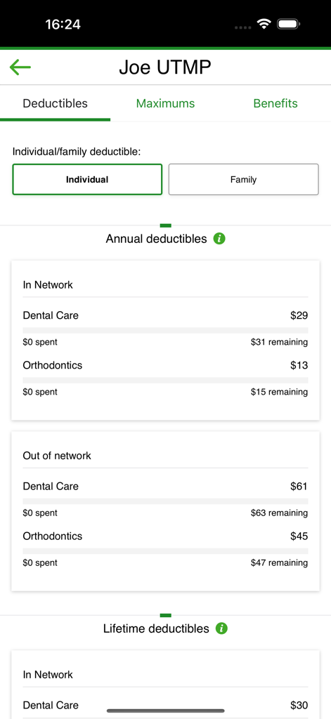 Mobile app screen showing annual and lifetime dental insurance deductibles for in-network and out-of-network care.