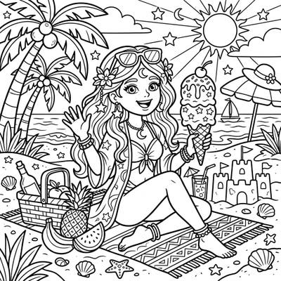 Bring the magic of a summer beach day to life with this delightful Moon Goddess coloring page. Kids will love adding vibrant colors to her sunny vacation, complete with ice cream, sandcastles, and tropical treats.