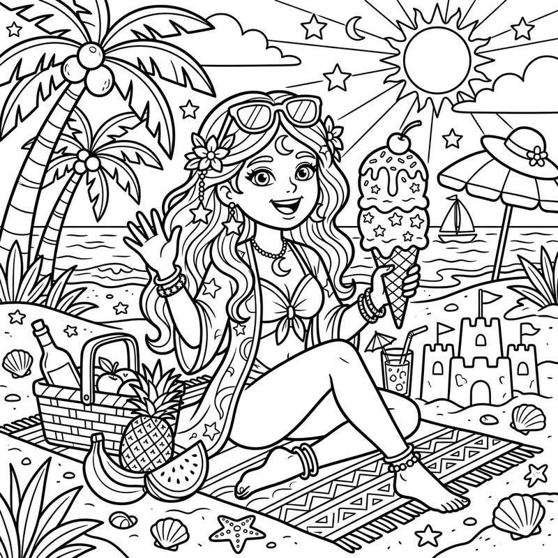 Bring the magic of a summer beach day to life with this delightful Moon Goddess coloring page. Kids will love adding vibrant colors to her sunny vacation, complete with ice cream, sandcastles, and tropical treats.