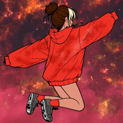 realistic girl jumping with a bun and oversized sweatshirt