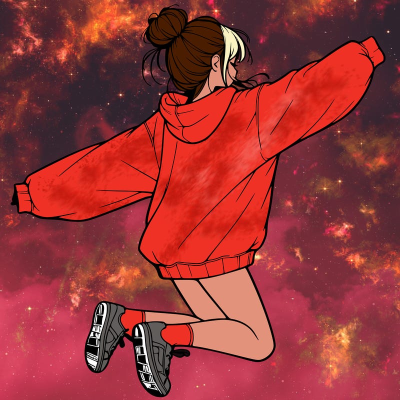 realistic girl jumping with a bun and oversized sweatshirt