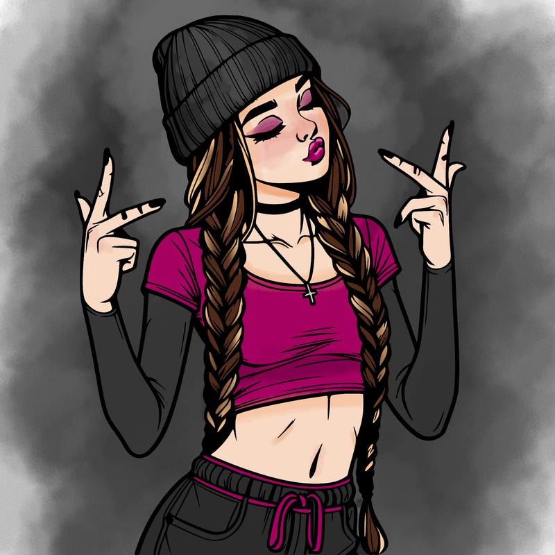 realistic teenage girl with braids and a beanie and crop top doing 🫶🏼