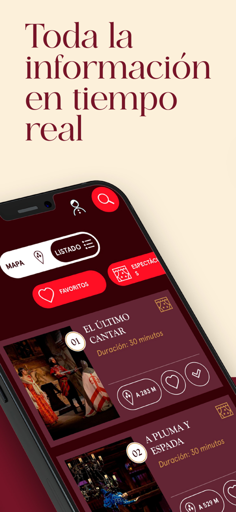 Pantalla de la aplicación móvil mostrando una lista de espectáculos históricos con duraciones y distancias en Puy du Fou España.