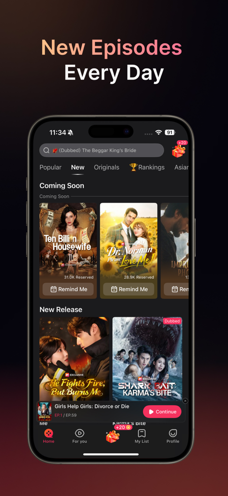 NetShort - Popular Dramas & TV - A smartphone showing the NetShort app interface with a list of new and upcoming short drama series like Ten Billion Housewife and Dr Norman Please Love Me