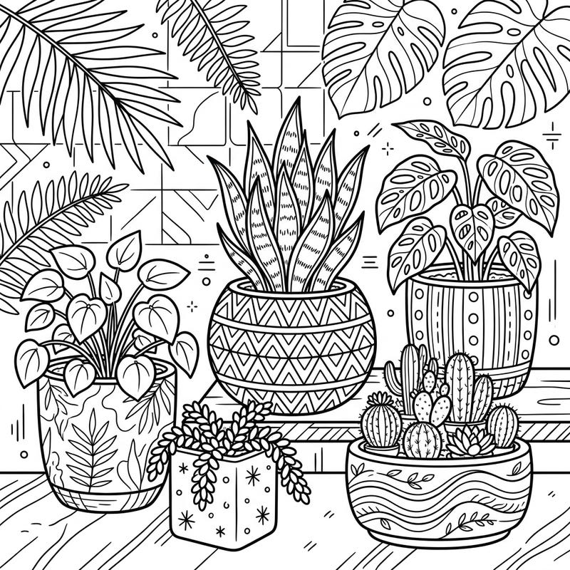 Discover a delightful array of houseplants nestled in beautifully decorated cachepots, ready for your artistic touch. This intricate coloring page invites you to bring a vibrant indoor garden scene to life with your favorite colors.