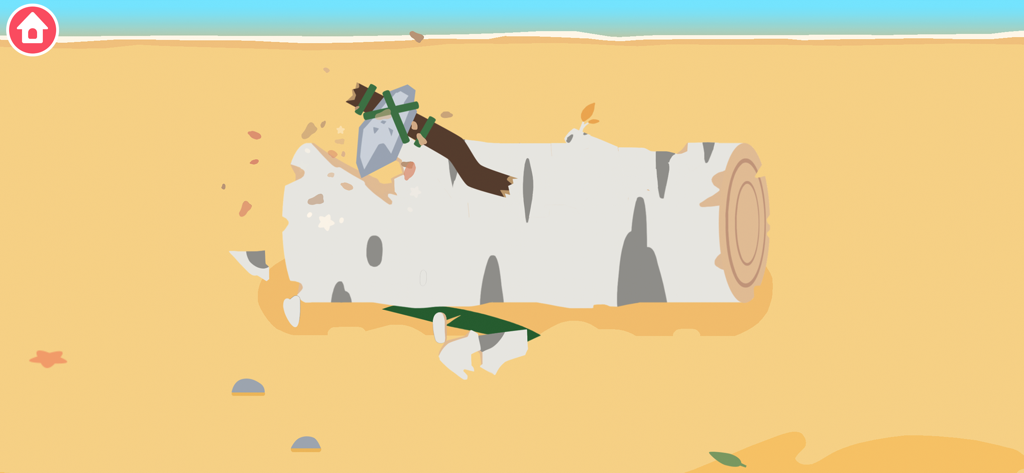 Dinosaur Time Machine Games - A primitive stone axe carving a wooden log on a sandy beach