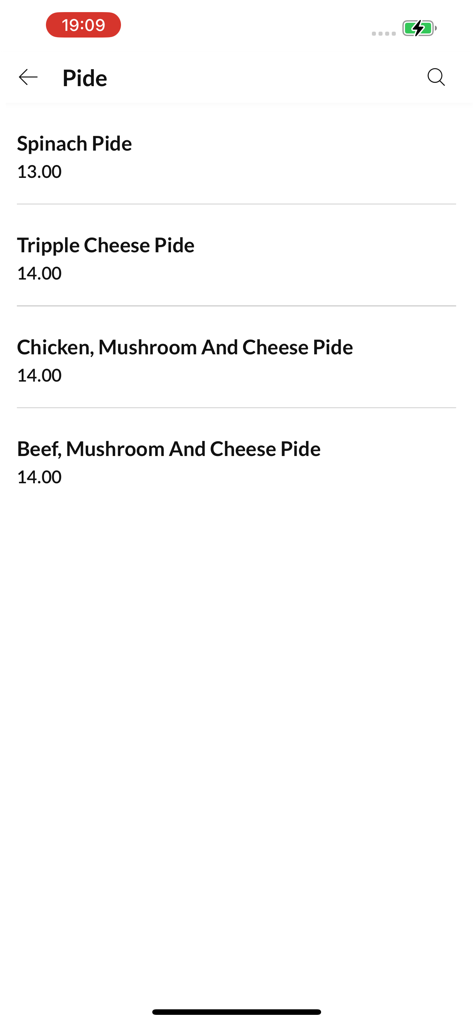 Bernies Takeaway mobile app interface showing a list of Pide dishes with prices