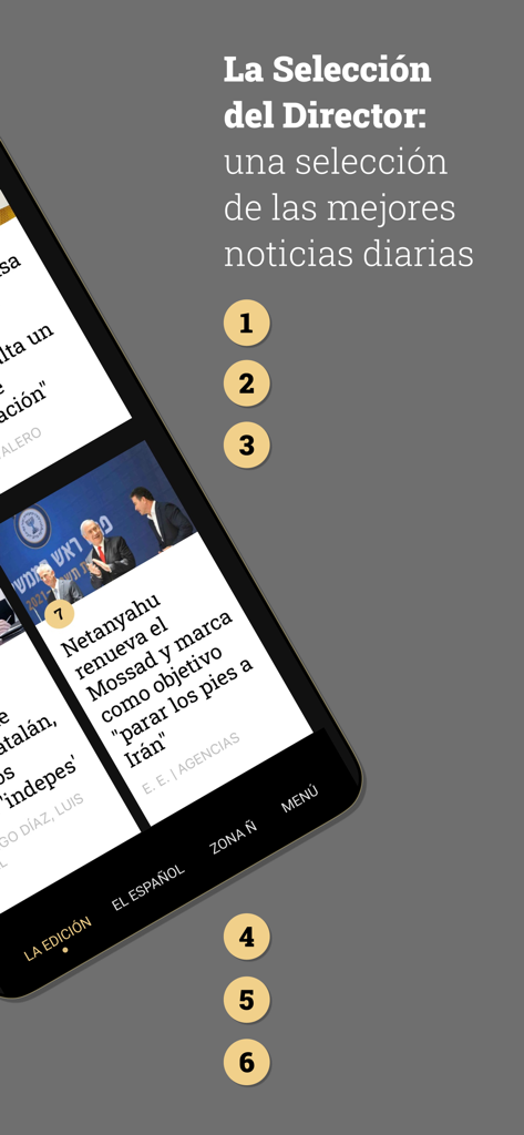 Interfaz de la aplicación El Español que muestra la selección de noticias diarias del director