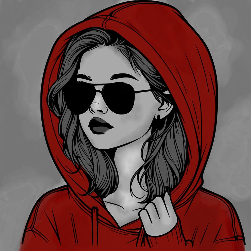 realistic teenage girl, wearing a hoodie and sunglasses