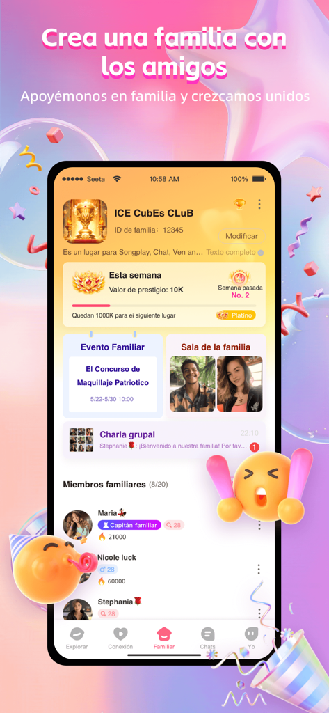 SeeTa: Corto, En vivo, Familia - Interface do aplicativo SeeTa mostrando o recurso de grupo de família digital com listas de membros e atividades de grupo