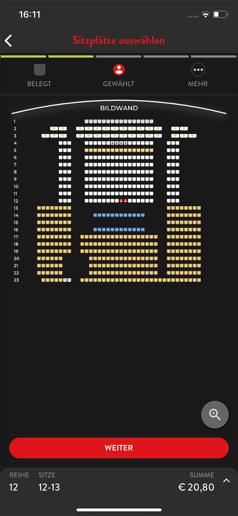 Plan des sièges de cinéma dans l'application Cineplexx AT