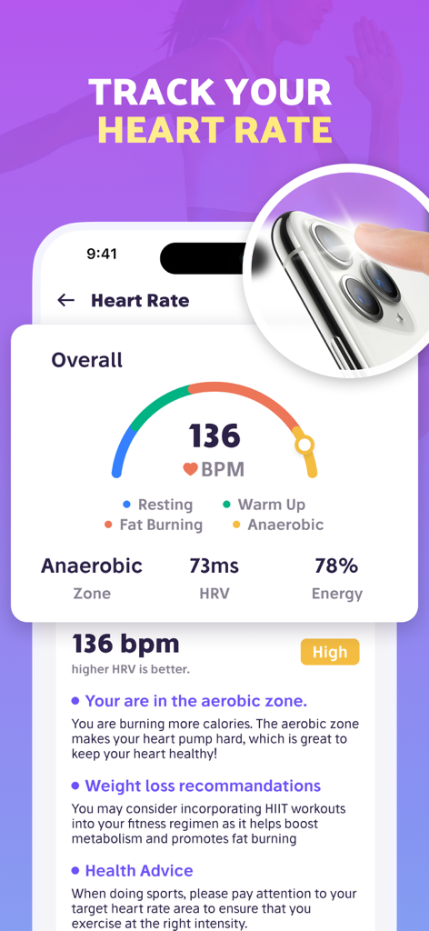 Interface of the Fitease fitness app showing heart rate monitoring with BPM and workout zones