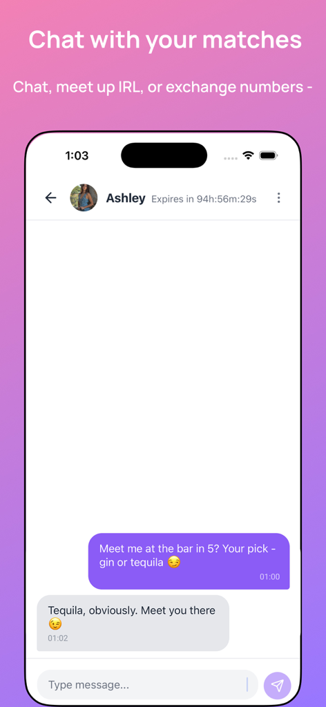 The Hooked App - The Hooked App chat interface showing a real-time message exchange between matches planning to meet at a bar