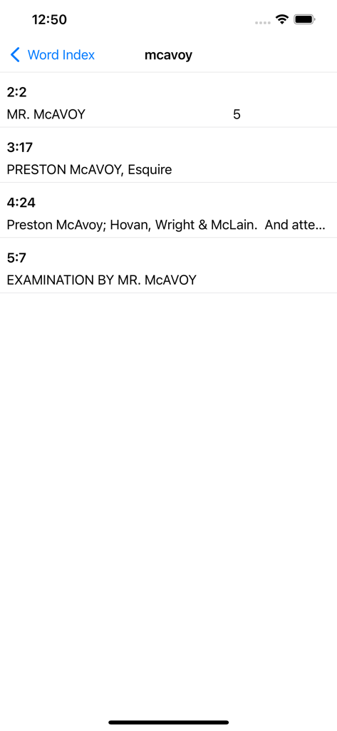 Case Notebook E-Transcript - Resultados de búsqueda del Índice de Palabras para el nombre McAvoy en la aplicación Case Notebook E-Transcript.