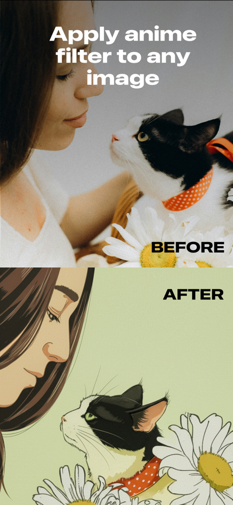 Artify:Cartoon art filter - Before and after comparison of a photo of a woman and her cat transformed into anime style illustration