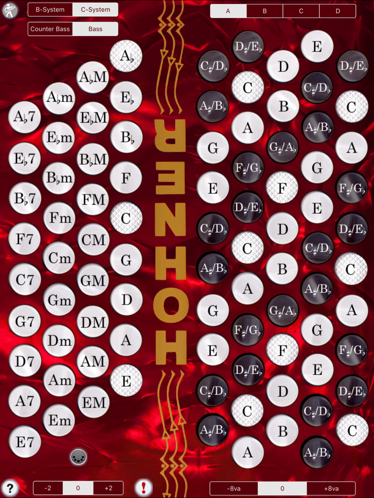 Hohner Chromatic MIDI - Interfaz principal de la aplicación Hohner Chromatic MIDI mostrando la disposición digital del acordeón de botones y los controles musicales