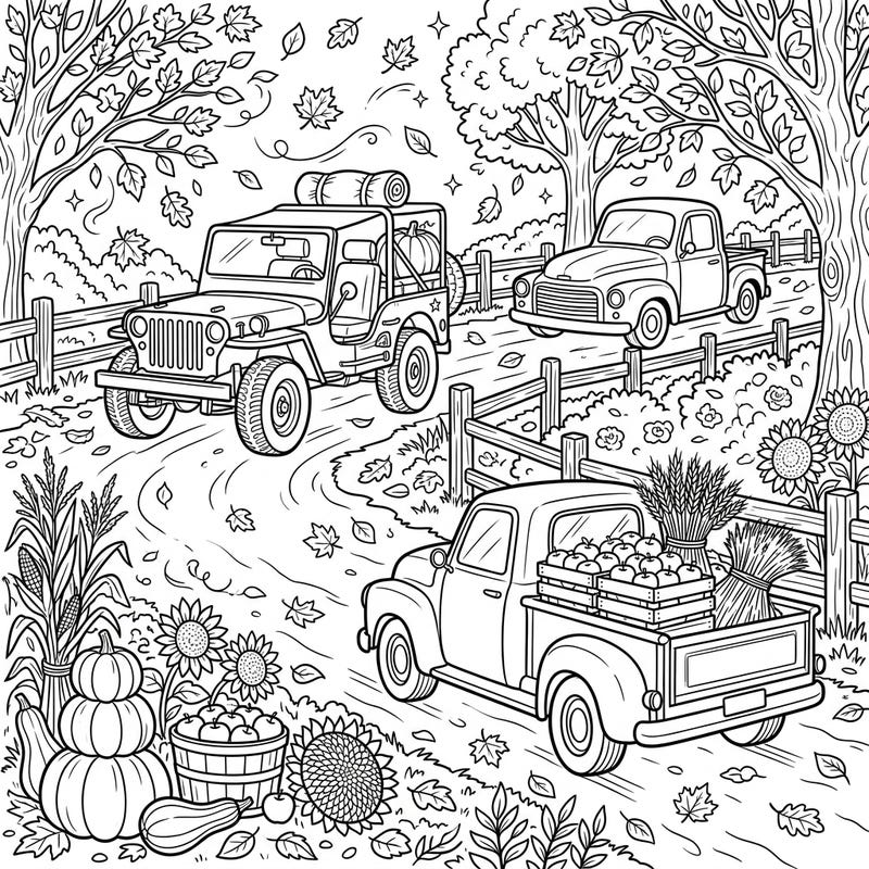 Capture the essence of fall with this charming coloring page featuring classic automobiles navigating a picturesque autumn landscape. Immerse yourself in a scene filled with falling leaves, harvest elements, and rustic charm, perfect for a cozy coloring session.