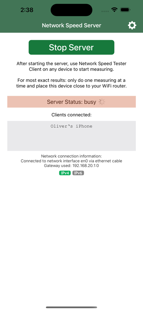 Interface of the Network Speed Tester Server app showing an active server status and a connected client device