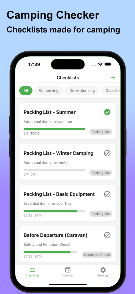 Camping Checker - Checklists - Screenshot of the Camping Checker app showing various checklists for summer packing and caravan departure checks